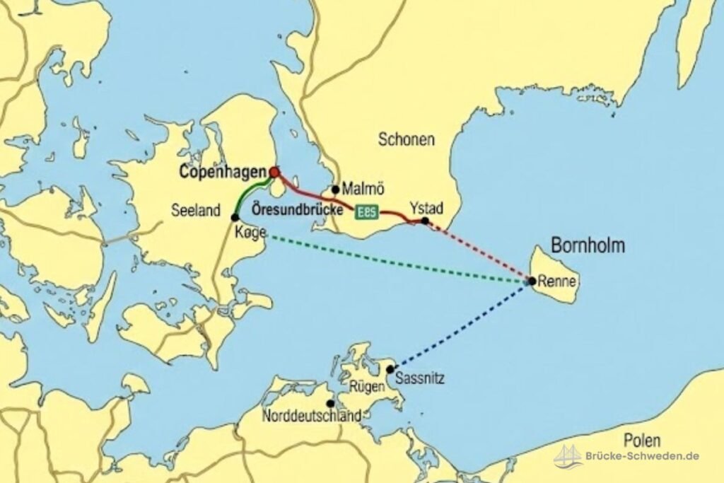 Karte mit allen Fähren nach Bornholm