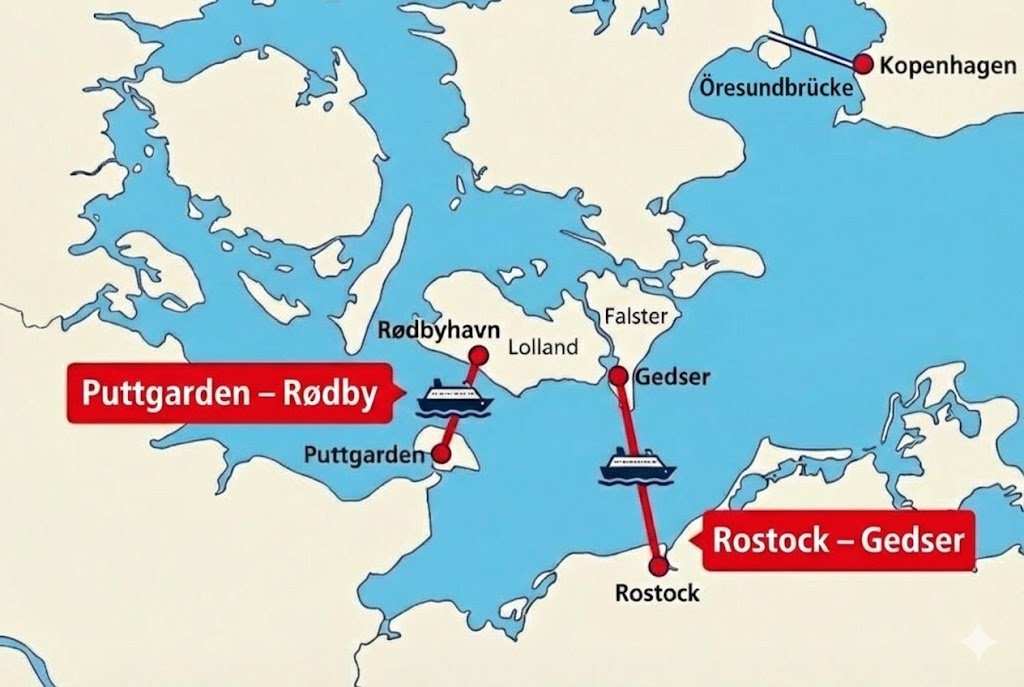 Karte der Fähren Puttgarden-Rødby und Rostock-Gedser auf dem Weg zur Öresundbrücke