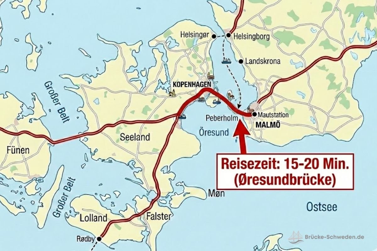 Karte der Route von Kopenhagen über Peberholm und die Öresundbrücke nach Malmö